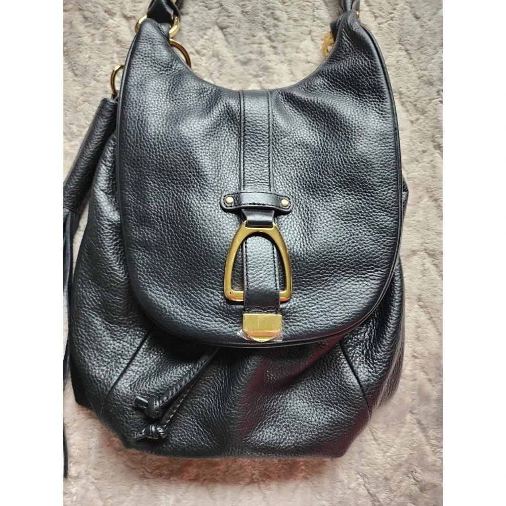 Gili Black Pebbled Leather Shoulder Bag Gold Stirrup Tassel Purse